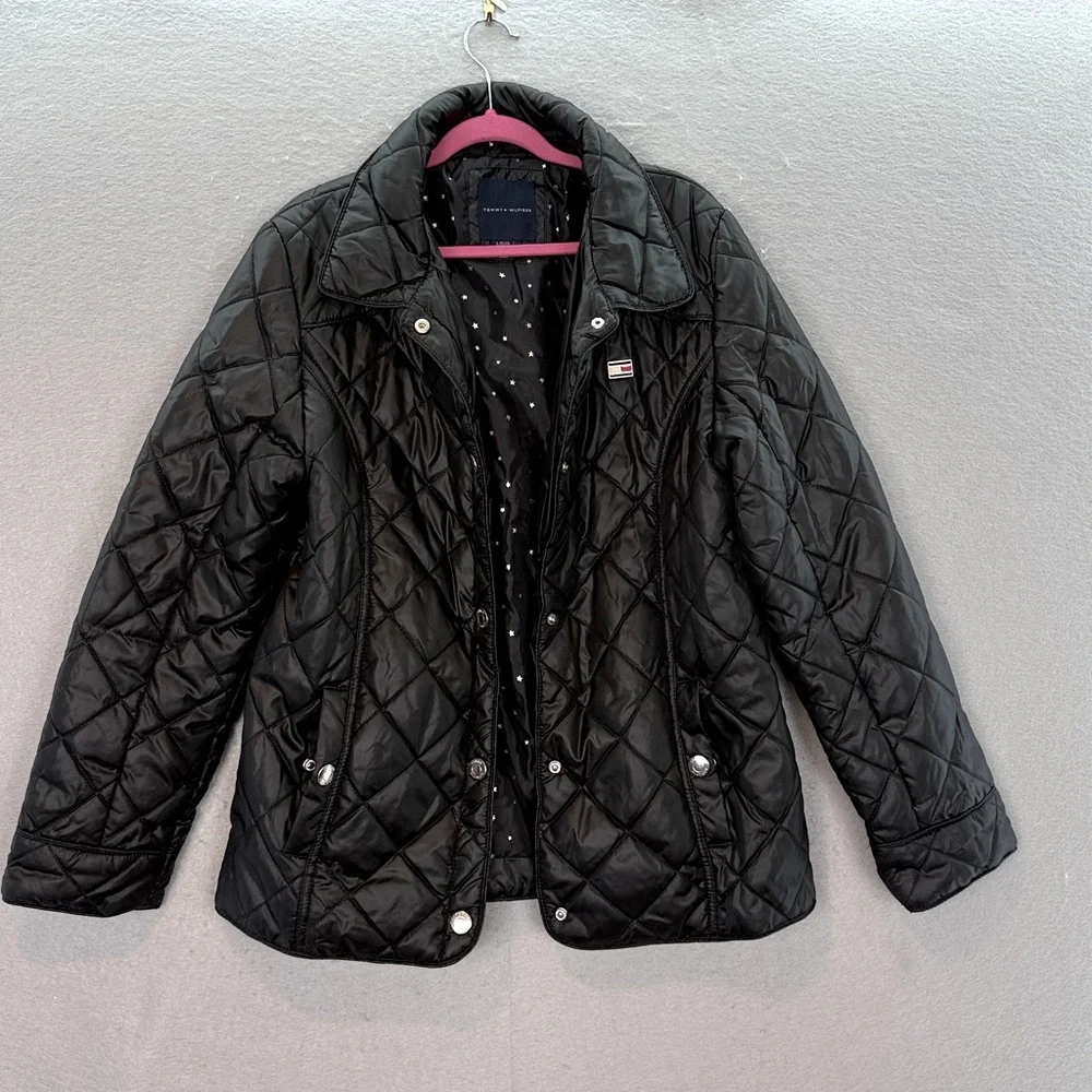 Tommy Hilfiger -Big Girls black quilted jacket light collared coat snap button L